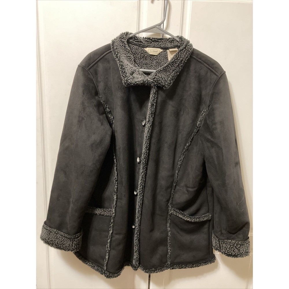 LL Bean Womens Large Petite Faux Suede Shearling Trim Button Jacket‎ Dark Gray